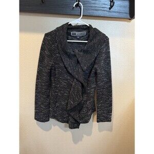 BNCI by Blanc Noir Women Ruffle Full Zip Tweed Drape Cardigan Sweater Black S